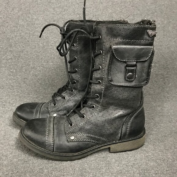 ROXY Seattle IV Black Faux Leather Zip Up Combat Moto Ankle Boots Womens Size 8 - Picture 1 of 11